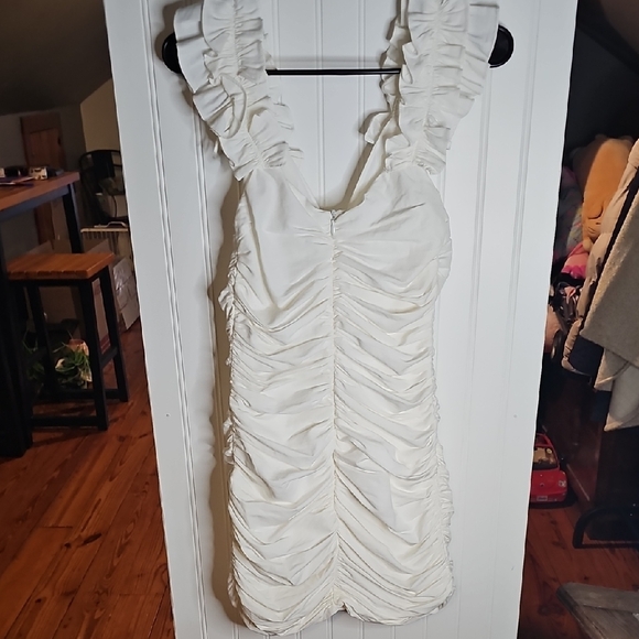 Zara Cream Ruched Mini Dress with Ruffled Straps - Picture 4 of 4